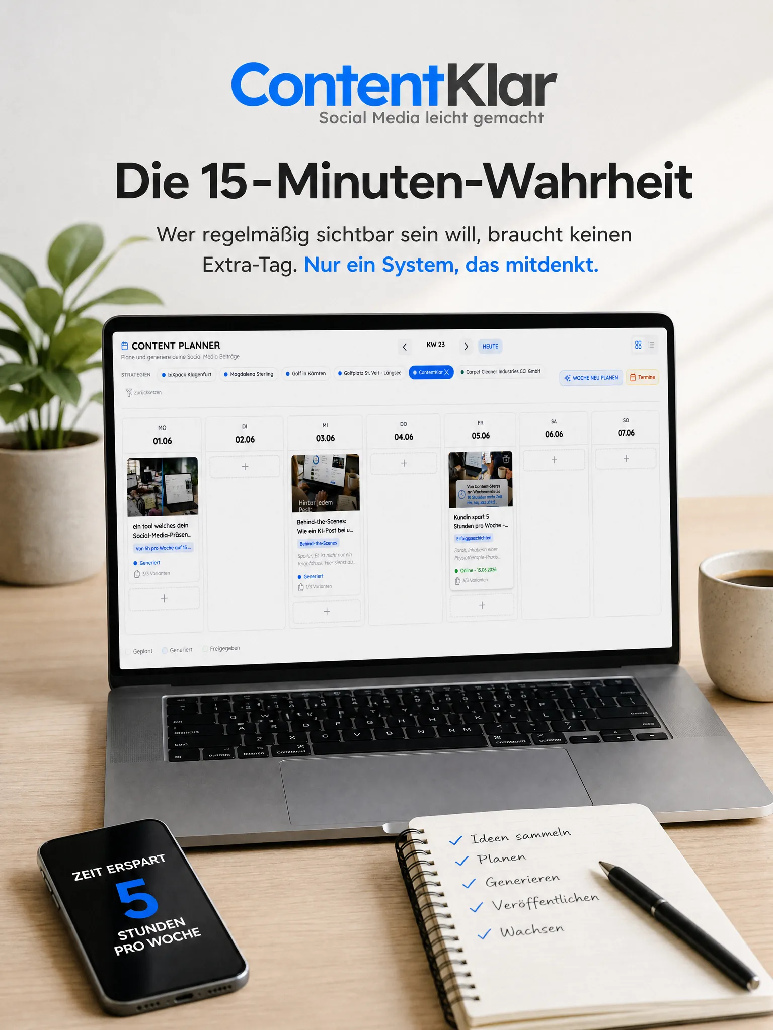 Beispiel-Posting für ContentKlar – Die 15-Minuten-Wahrheit, Content-Planer am Laptop