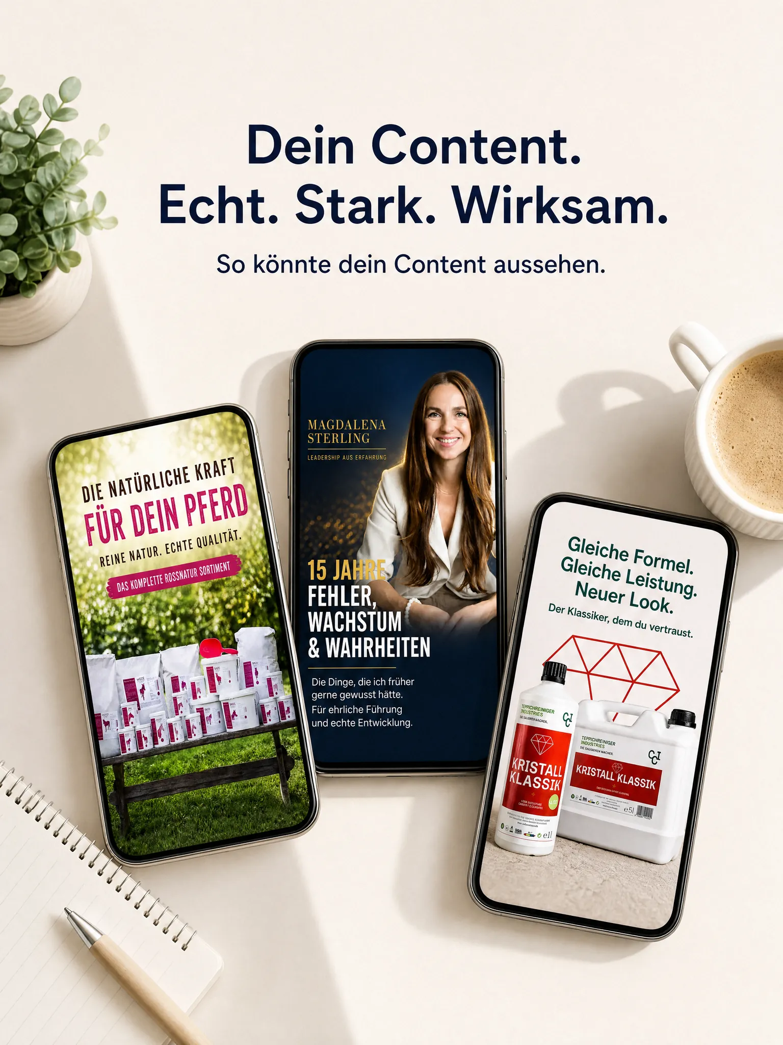 Beispiel-Posting für ContentKlar – Dein Content: echt, stark, wirksam, mit drei Kundenbeispielen